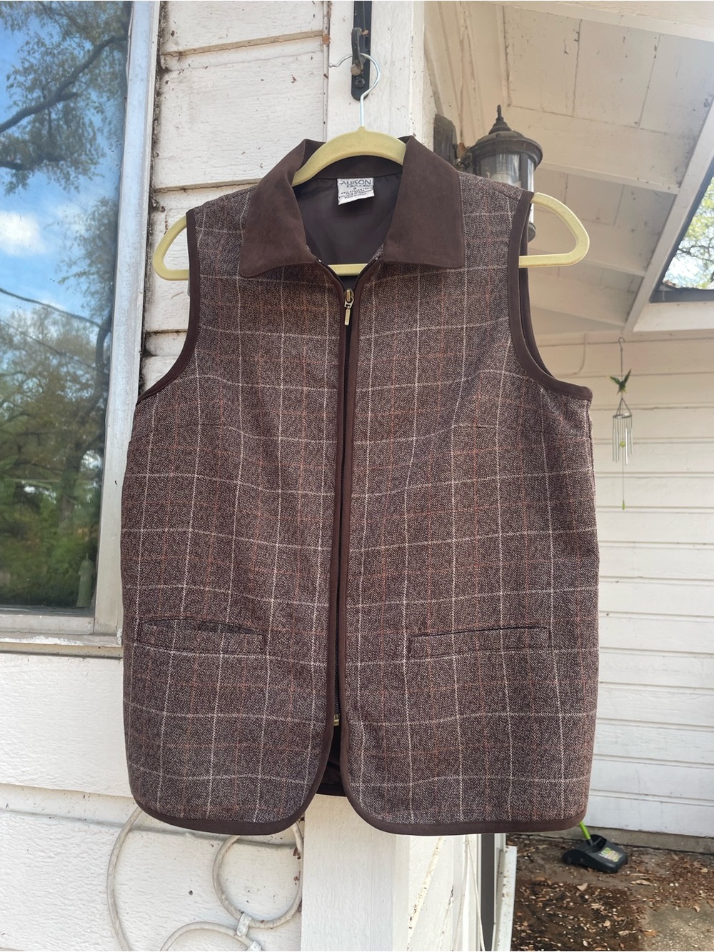Vintage Allison Daley brown plaid faux suede vest